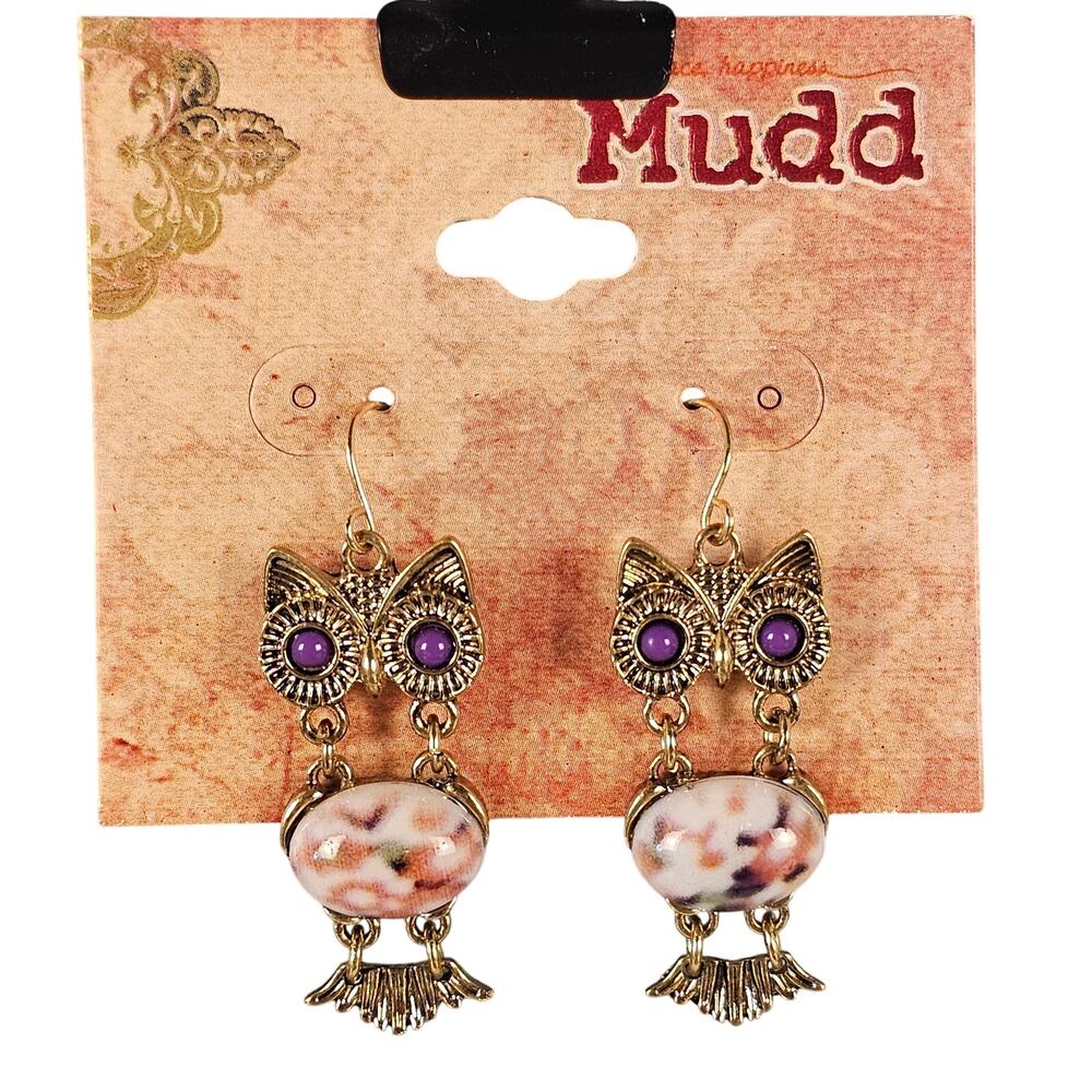Mudd Owl Dangle Earrings Gold Tone Purple Eyes Speckled Body Boho New